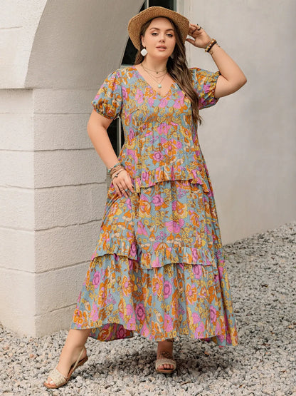 Plus Size Printed V-Neck Short Sleeve Maxi Dress