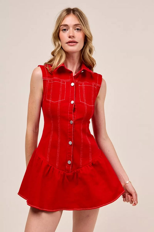 SO ME Button Down Sleeveless Collared Game Day Mini Dress