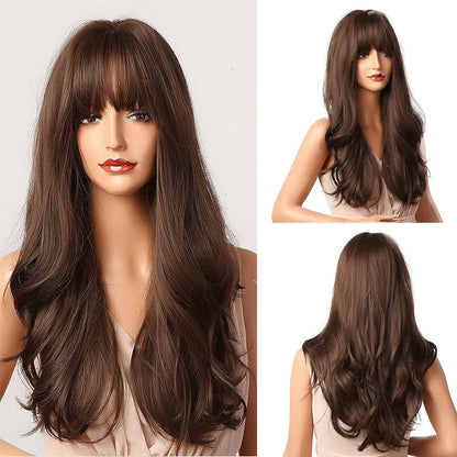 Women's Brown Bangs Long Curly Hair