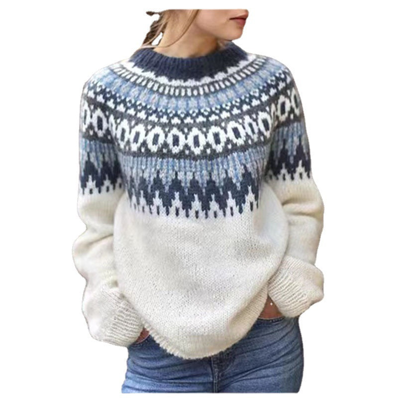 Round Neck Pullover Jacquard Vintage Print Sweater