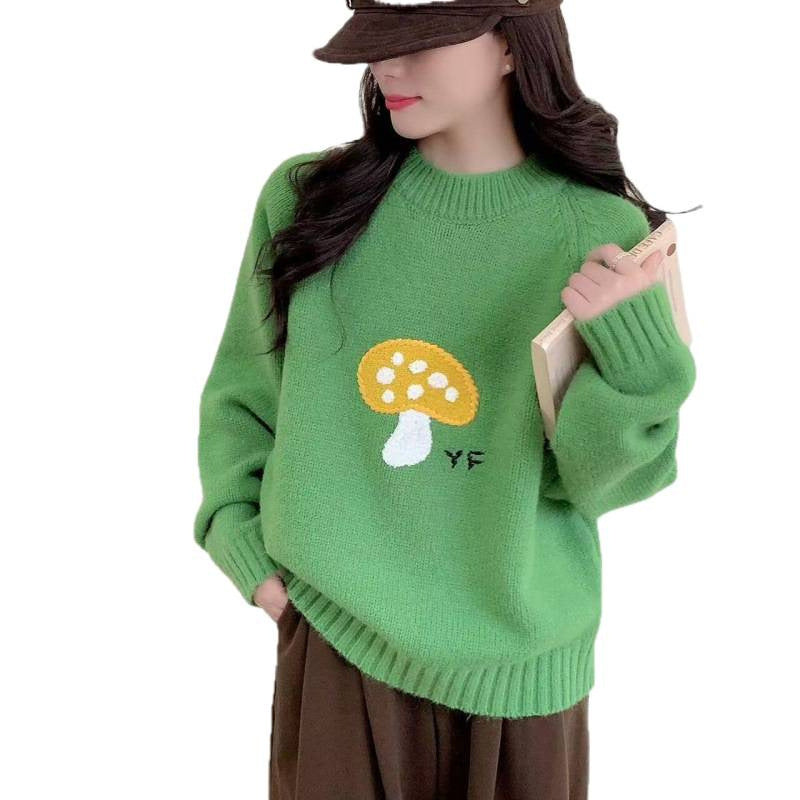 Women's Knitted Mushroom-pattern Crew-neck Pullover Top