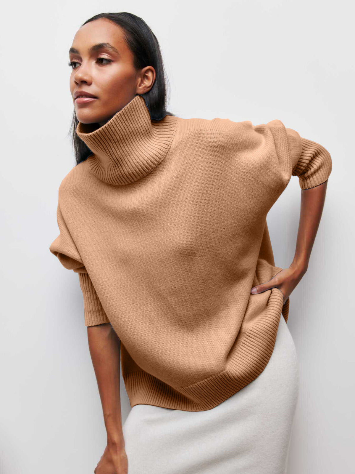 Women's Oversized Turtleneck Sweater, Solid Color Long Sleeve Loose Knit Pullover, Casual Fall Winter Basic Knit Top For Ladies