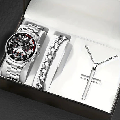 Men's Bracelet Cross Necklace And Watch Set