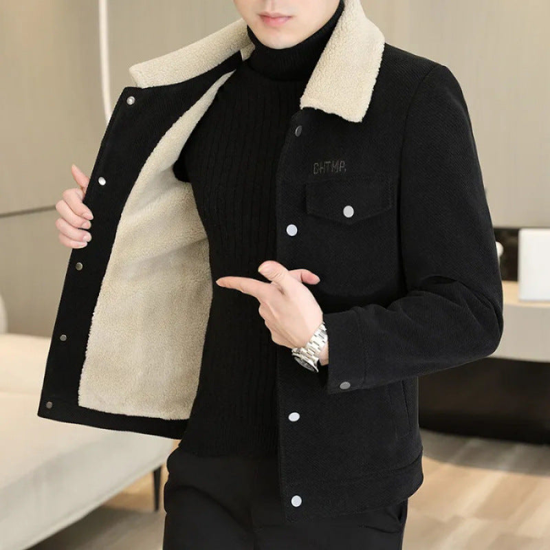 Men's Lapel Pure Color Ribbon Fur Collar Fleece Warm Jacket