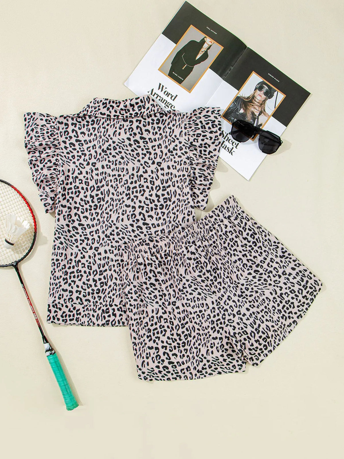 Leopard Print Cap Sleeve Top and Shorts Summer Set
