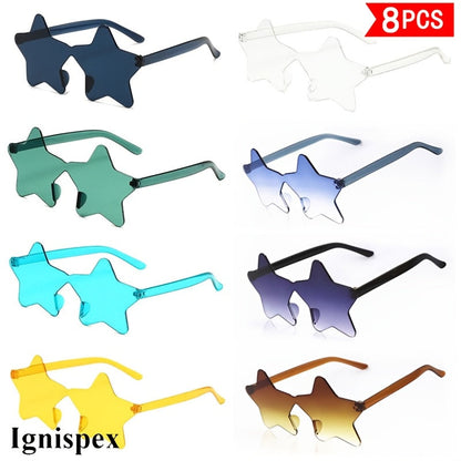 8 Pcs Star Shaped Rimless Sunglasses Set Trendy One Piece Party Eyewear Lightweight Plastic Frame Suitable For Theme Parties Holiday Gatherings And Photo Prop Use.