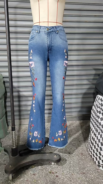 High-elasticity Embroidered Flared Jeans For Women