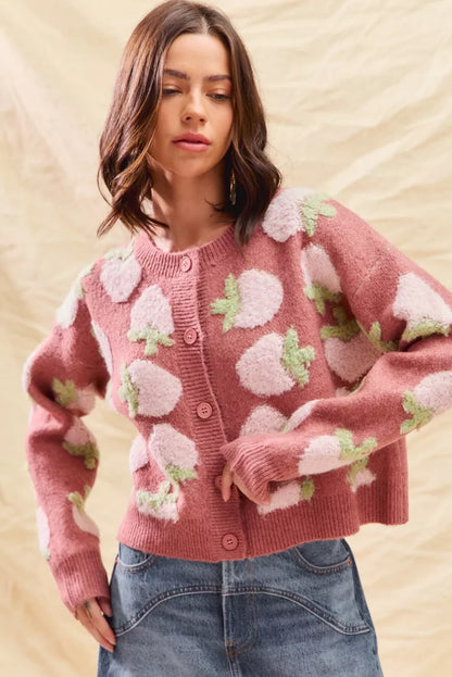 SO ME Strawberry Fruit All Over Button Sweater Cardigan