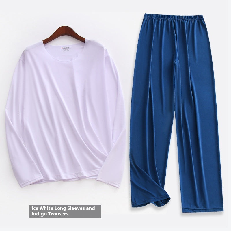 Spring Summer Ultra-thin Men's Long-sleeved Cropped Trousers Pajamas Suit