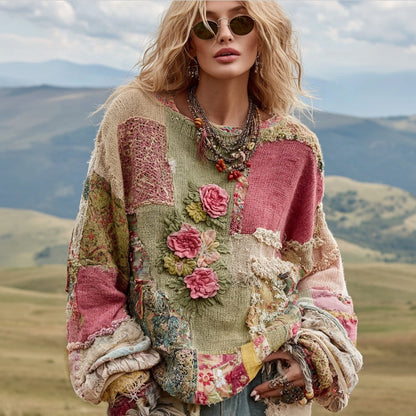 Womens Retro Patchwork Floral Padded Crew-Neck Sweatshirt