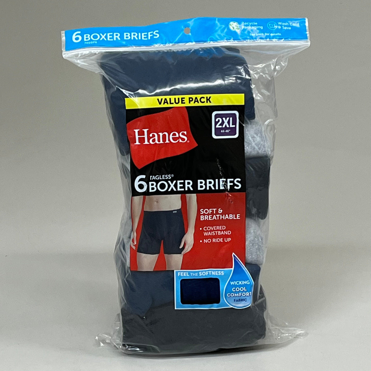 HANES (6 PACK!) Men's Boxer Briefs Sz 2XL 44-46" Black/Blue/Grey 7460P6