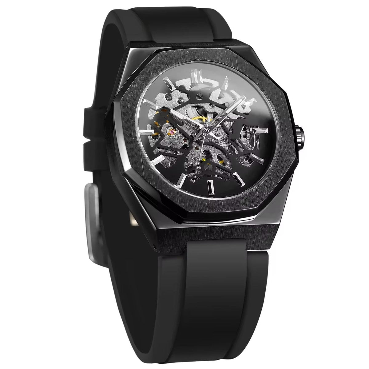 Casual Silver Hollow Skeleton Rubber-band Automatic Mechanical Watch