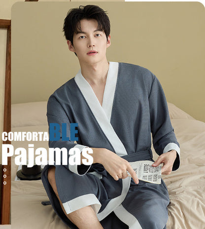 Mens Waffle-Weave Simple Casual Nightgown