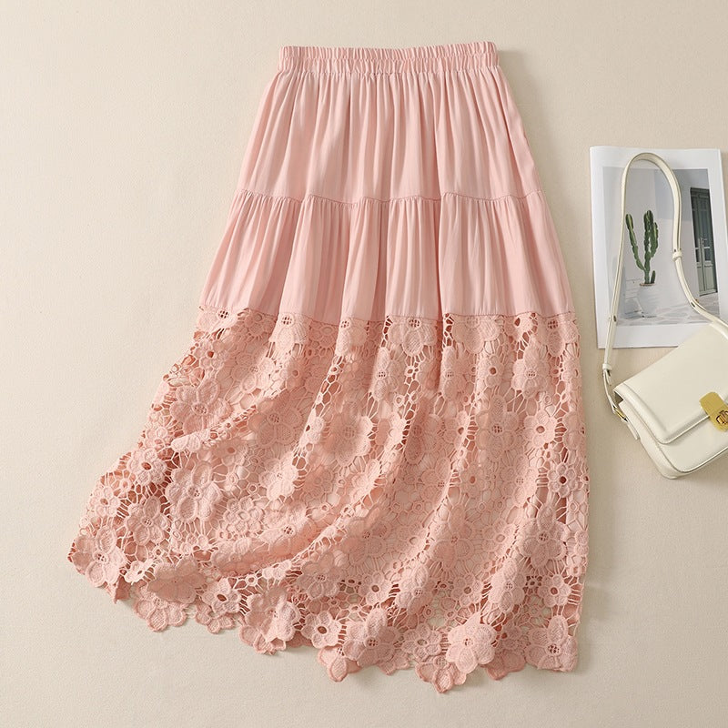Hollow Out Lace Panel High-waisted A Line Skirt That Flatters The Figure And Offers A Slimming