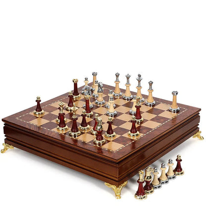 Luxury metal+solid wood tabletop for easy storage Chess set