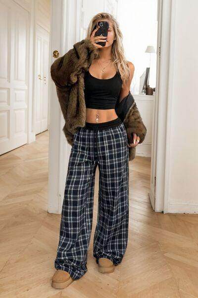 Plaid Wide Leg Pants with Drawstring and Sheer Style