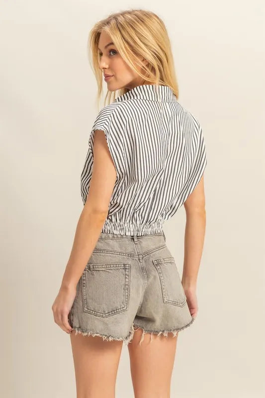 HYFVE Striped Elastic Hem Johnny Collar Cap Sleeve Blouse