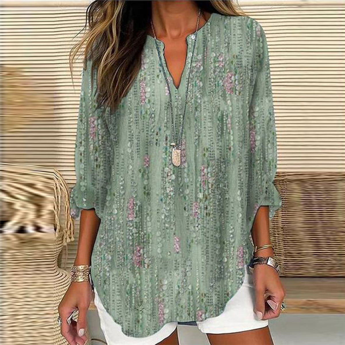 Independence Day Floral Long Sleeve V-Neck T-shirt