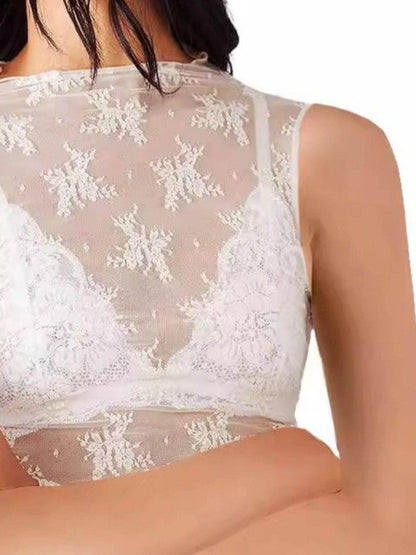 Lace Mock Neck Top for Women in Sheer Polyester Style