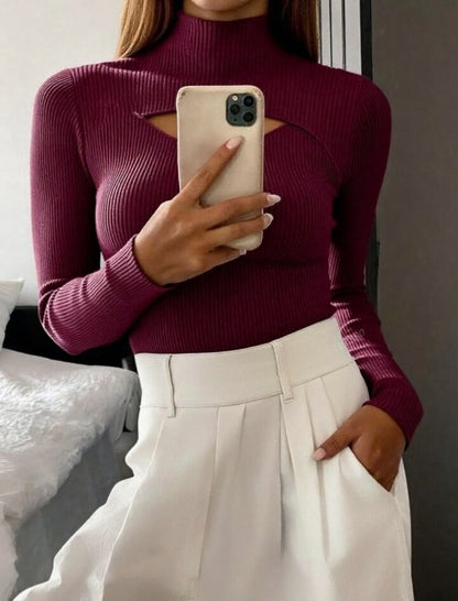 Women's Hollow-out Knit Sweater Mock Neck Sweater