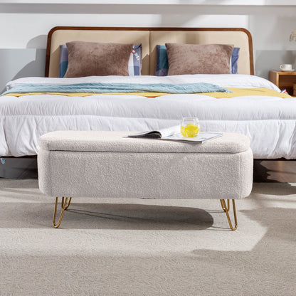 Ivory White Storage Ottoman Bench for End of Bed Gold Legs