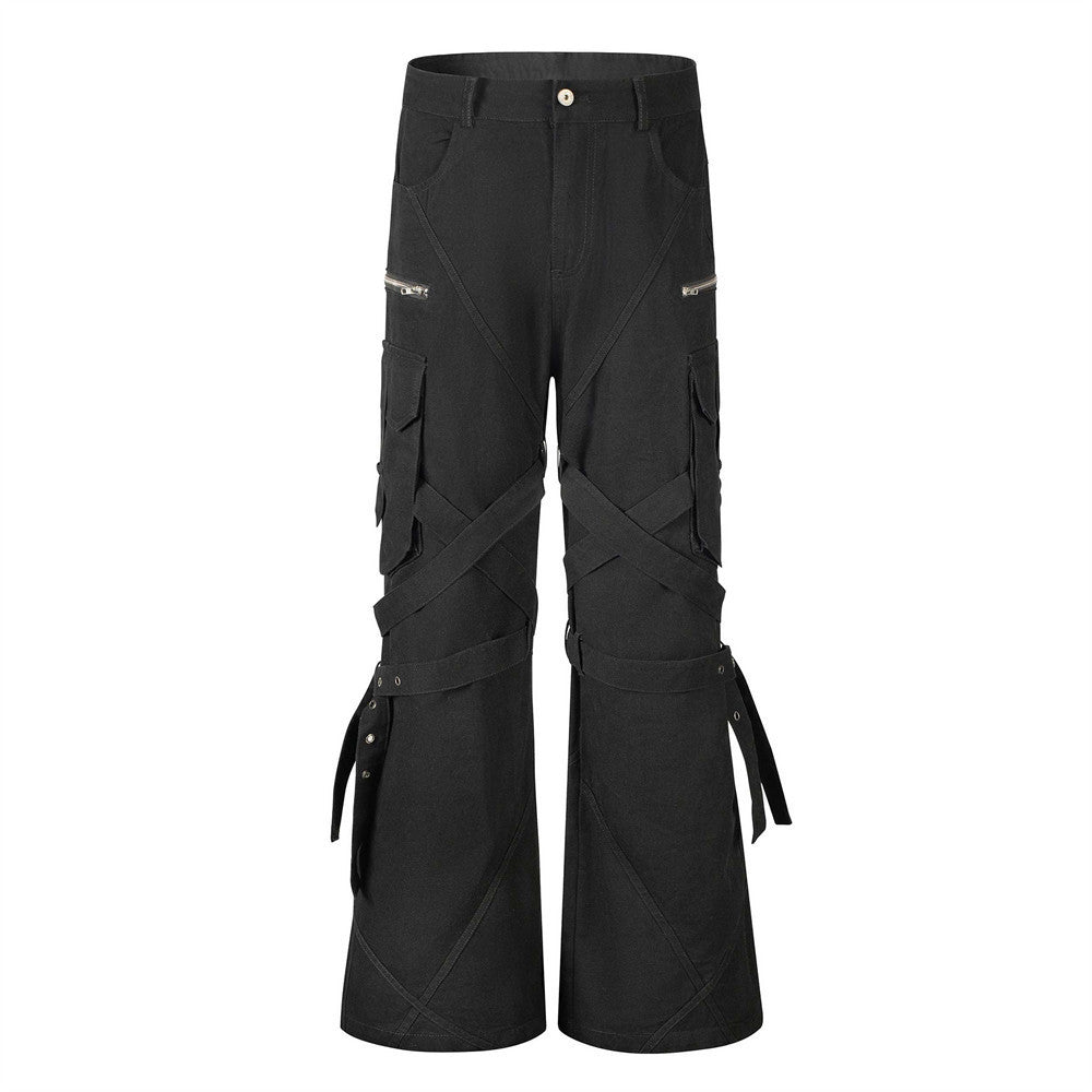 High Street Style Multi-Pocket Workwear Flared Trousers with Belt Design for Men