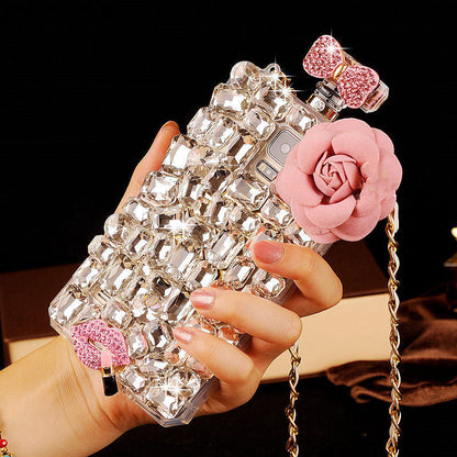 For iPhone 13 Pro Phone Cases Rhinestone 6 7 8 Plus Perfume Bottle Protective Cover Flower Lips Lanyard