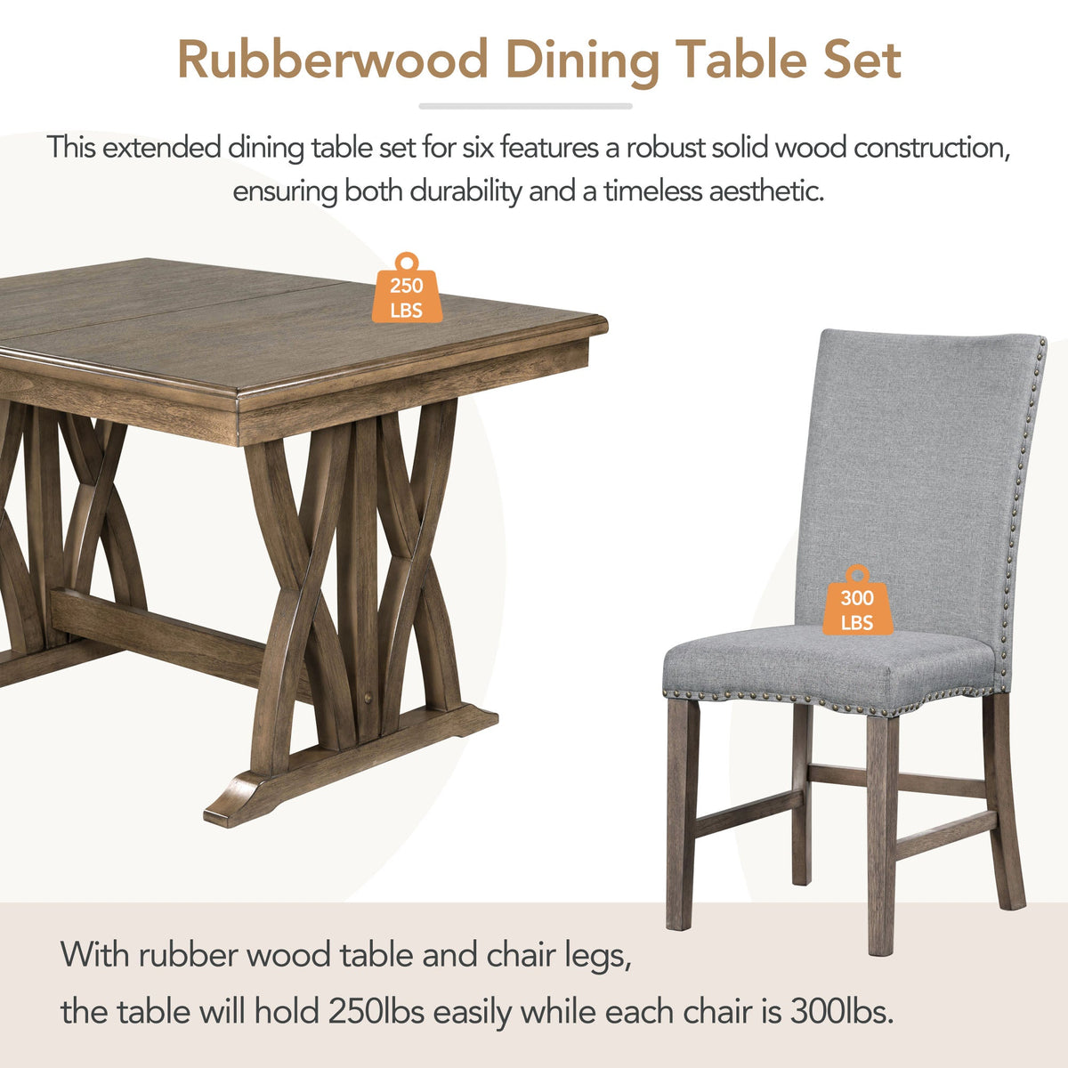 TOPMAX Mid Century Solid Wood 7-Piece Expandable Dining Table Set with Soft Cushioned Chair, Gold Brown+Gray Cushions