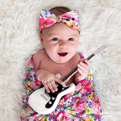 Newborn Photography Wrap Bow Hair Band Wrap Towel Set Baby Flower Blanket 2 Piece Set