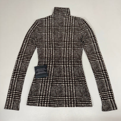 NORMA KAMALI Front Zip Slim Fit Turtle Top Women's Sz XS/34 Chocolate Plaid Tweed