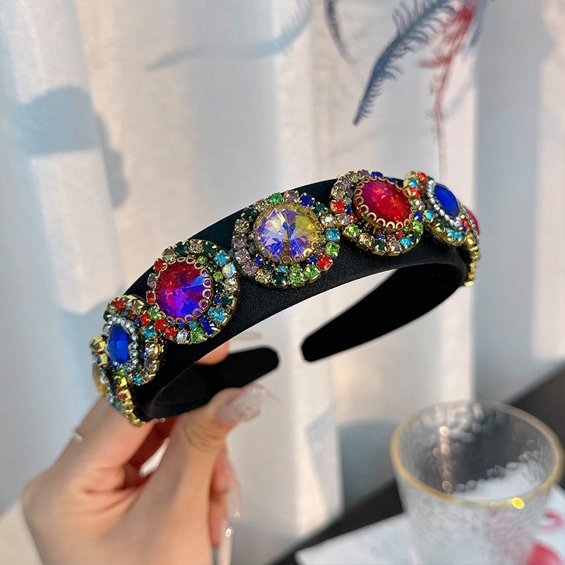 Fashionable glass inlaid diamond wide edge sponge hair hoop