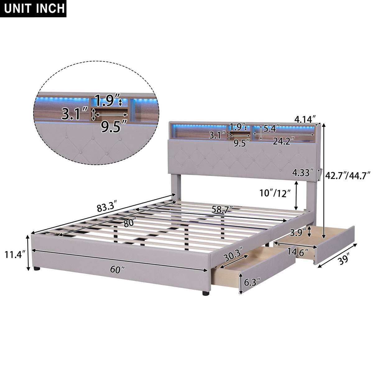 Queen Size Upholstered Platform Bed with Storage Headboard  LED  USB Charging and 2 Drawers  Beige