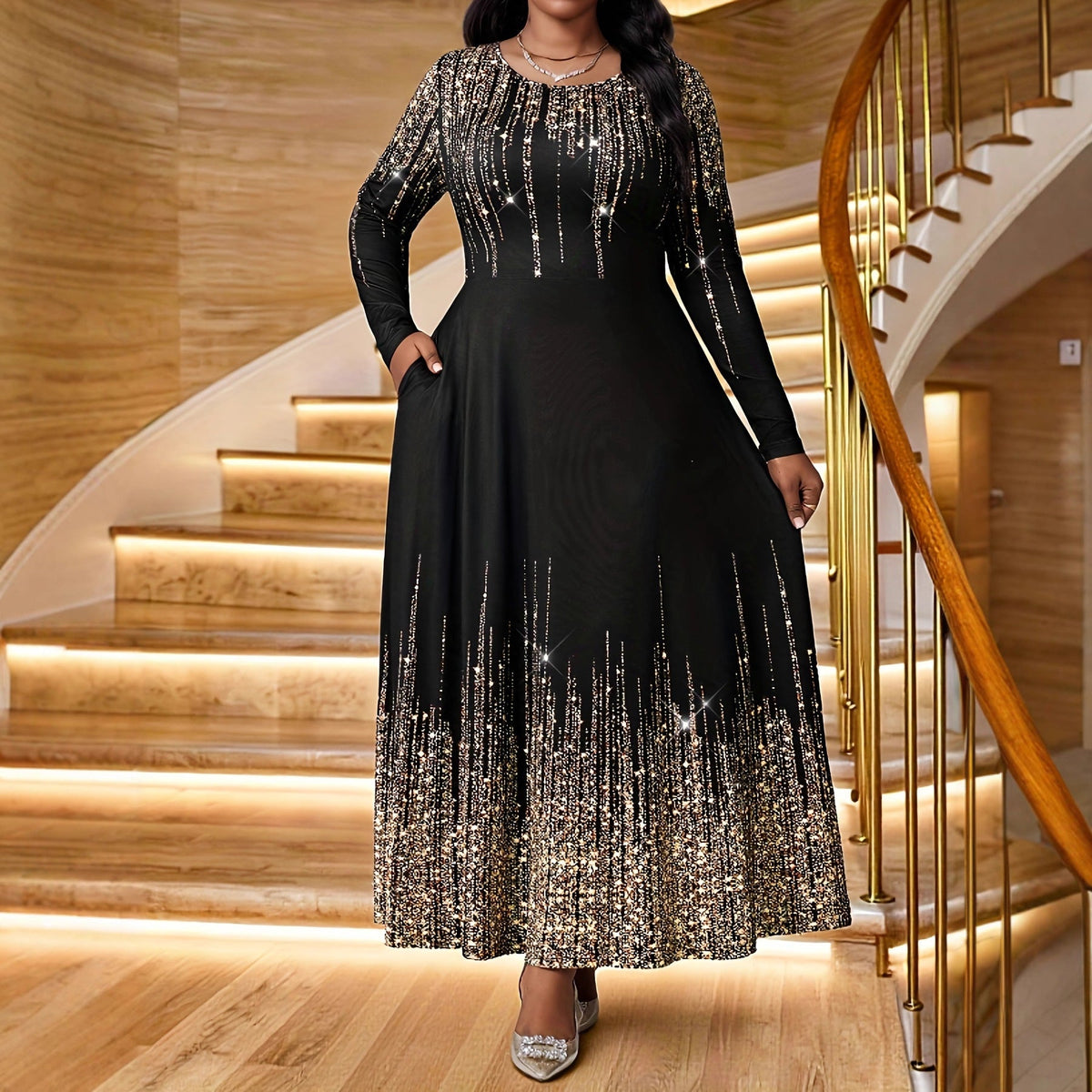 Plus-size Womens Sequined Crew-neck Long-sleeve Dress
