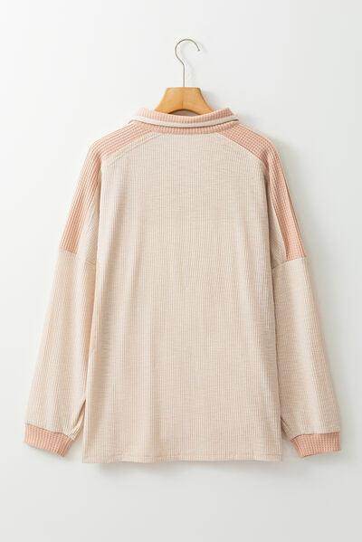 Waffle-Knit Color Block Half Button Long Sleeve Top for Women