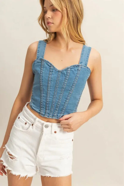 HYFVE Washed Sweetheart Neck Wide Strap Denim Tank
