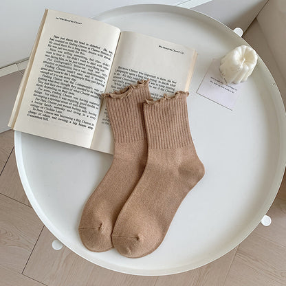 Solid-color Ruffle-trimmed Socks For Women