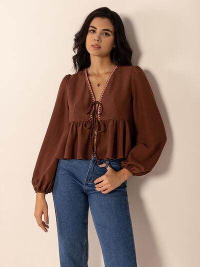 Peplum Tied V-Neck Long Sleeve Blouse for Women