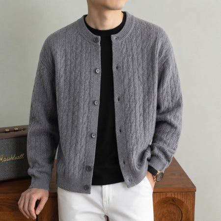 Men's Round-Neck Cable-Knit Cardigan Solid-Color Single-Breasted Sweater Coat