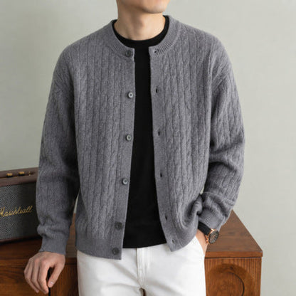 Men's Round-Neck Cable-Knit Cardigan Solid-Color Single-Breasted Sweater Coat
