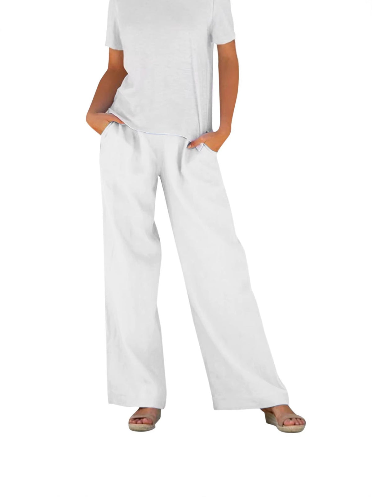 Solid-color Loose-fitting Elastic-waist Wide-leg Casual Pants