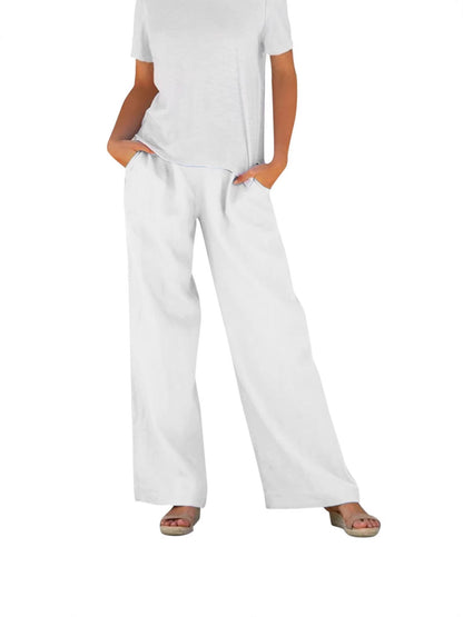 Solid-color Loose-fitting Elastic-waist Wide-leg Casual Pants