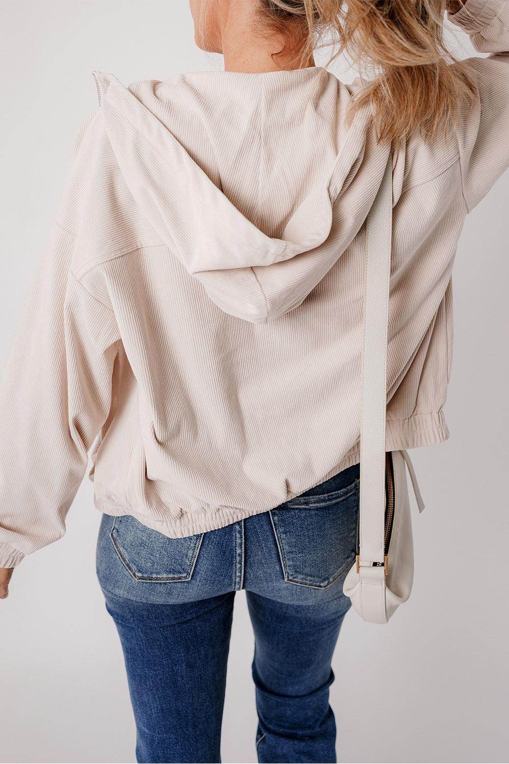 Corduroy Zip Up Long Sleeve Hooded Jacket for Women