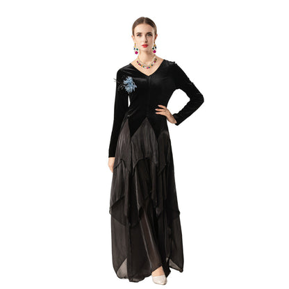 Velvet Smooth V-neck Long-sleeve Patchwork Asymmetrical Hem Maxi Dress