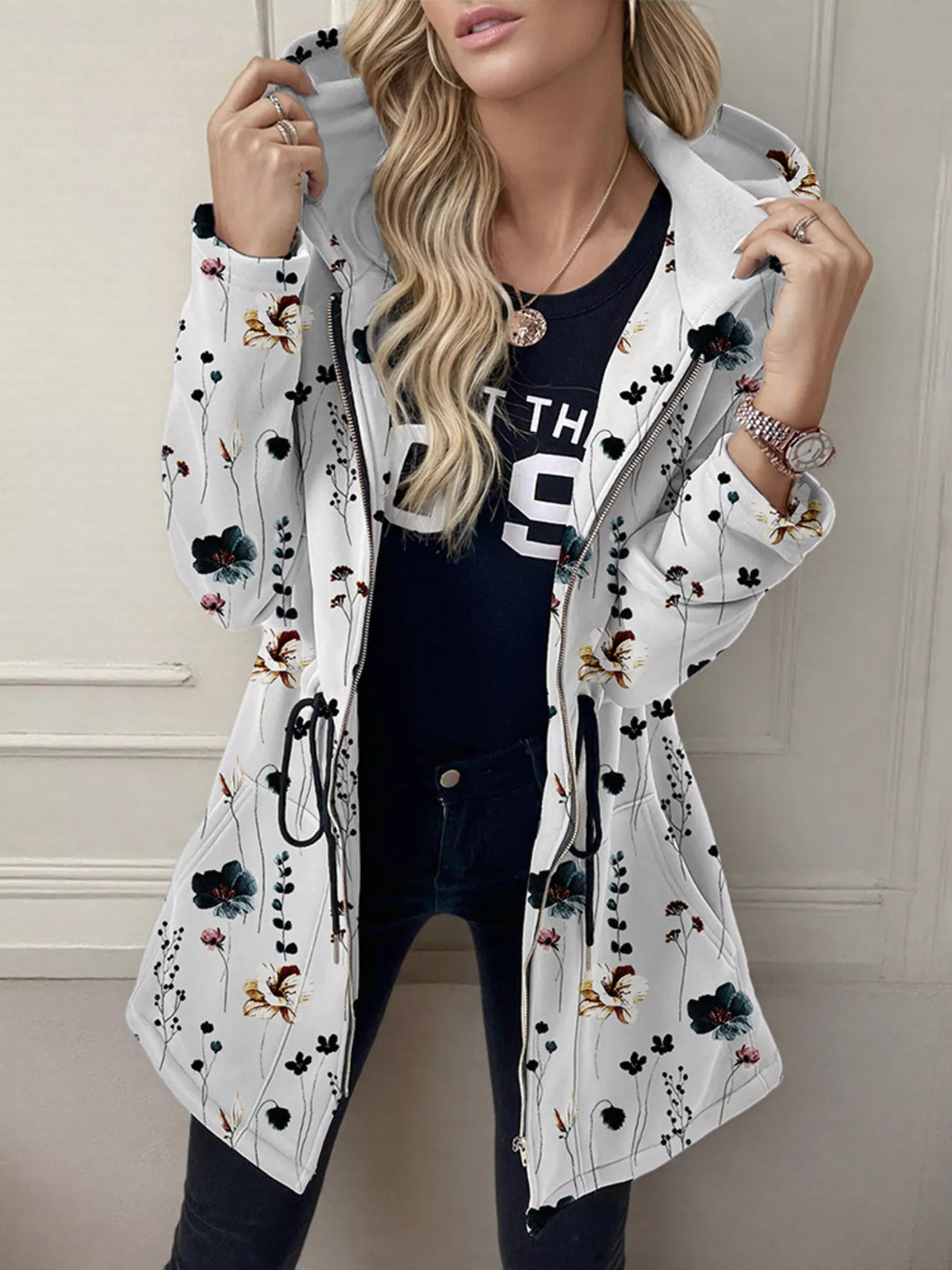 Drawstring Zip Up Hooded Outerwear