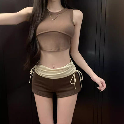 Pleated High Waist Drawstring Casual Shorts