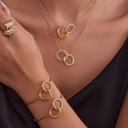 Minimalist Fashion Double-ring Zircon-inlaid Bracelet Necklace