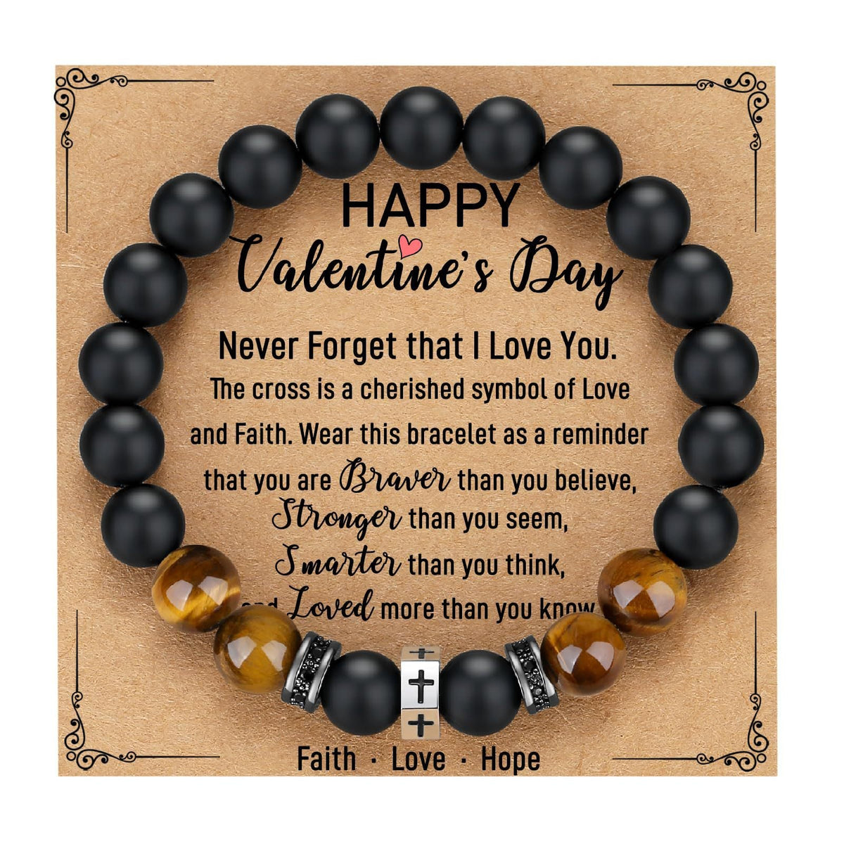 Tigers Eye Stone And Stainless Steel Cross Beaded Bracelet