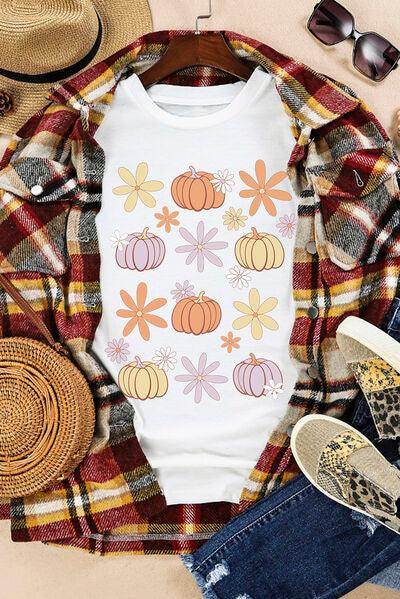 Pumpkin & Flower Round Neck Short Sleeve T-Shirt for Women