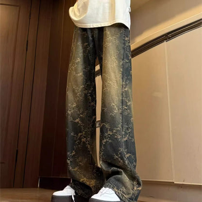 Mens American-Style Retro Jacquard Denim Jeans