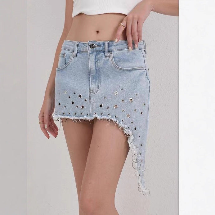 Womens Denim Ripped Irregular Slant Hem Mini Skirt